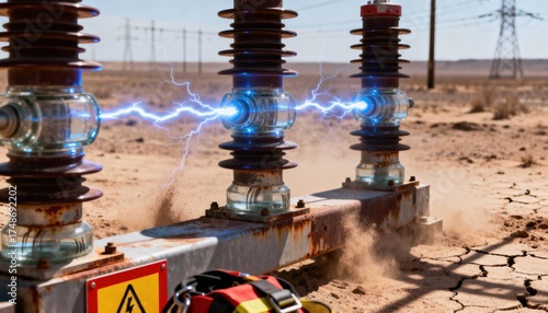 Medium shot capturing flashover testing on dry insulators highlighting the impact of arid conditions on insulation integrity.