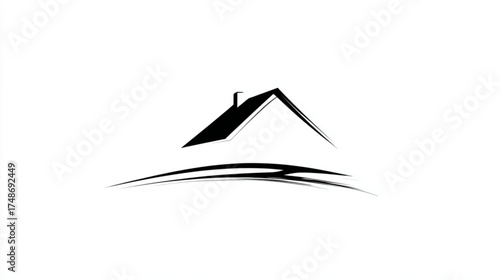 Minimalist black house roof logo with a swoosh line.