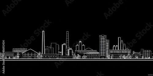 White Line Drawing of an Industrial Factory Complex on Black Background.