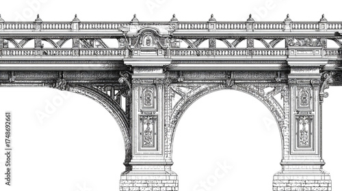Detailed architectural illustration of an ornate classical bridge.