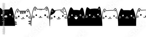 Seamless horizontal border with cute hand drawn black and white cats peeking.