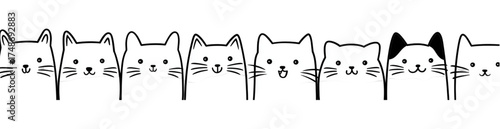 Cute hand drawn cat faces in a row with one unique black eared kitten.