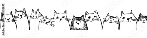 Cute doodle cats border with funny peeking kittens in a row.