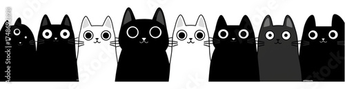 Funny black and white cartoon cats with big eyes in a seamless row.