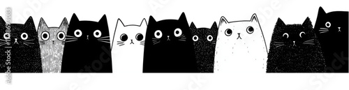 Seamless border of funny black and white cartoon cats peeking with big eyes.