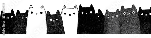 Hand drawn banner of many stylized black and white cats.