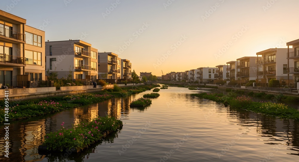 Fototapeta premium Modern Residential Buildings Along River at Sunset with Flowers