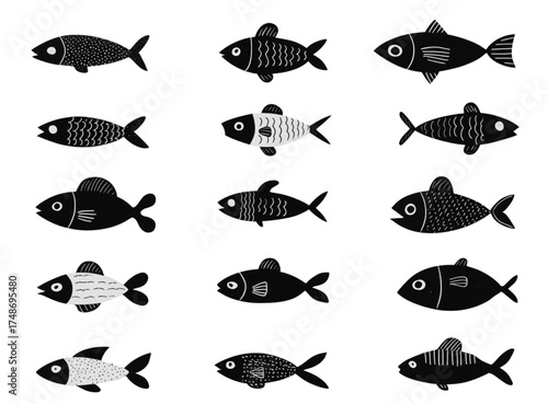 Set of decorative monochrome fish icons on a white background.