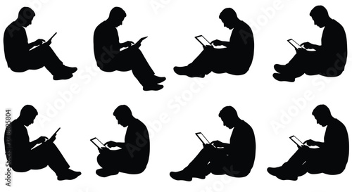Silhouettes of people sitting and reading books in various positions