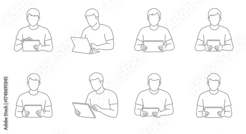 Diverse group of people interacting with digital devices in minimalist style