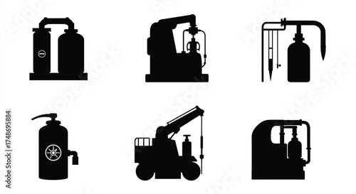 Collection of industrial machinery and equipment silhouettes in black and white