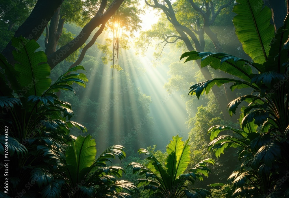 Fototapeta premium Vibrant Rainforest Canopy Majestic Sunlight Rays Brighten Lush Foliage Greenery Nature Scene