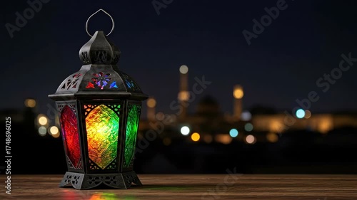 Decorative arabic lantern illuminating with colorful glass at night for Ramadan or Eid al-Fitr, video footage