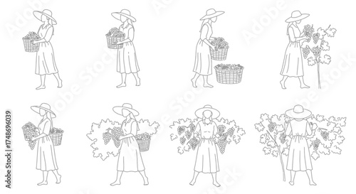 Vintage illustration of women carrying baskets filled with harvested produce