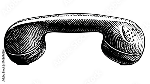 Vintage telephone handset in a classic black and white illustration style.