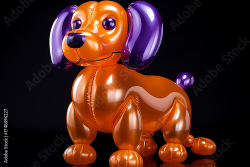 A vibrant orange and purple balloon dog sculpture standing against a black backdrop