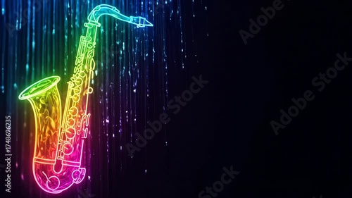Neon rainbow saxophone against falling light particles on a dark background for music and celebration animation