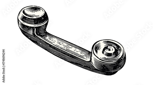 Vintage telephone receiver handset in a classic black and white engraving style.