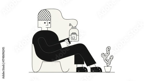 Minimalist line art illustration of a person relaxing in a modern chair.
