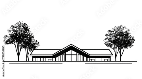 Architectural line drawing of a modern single-story building.