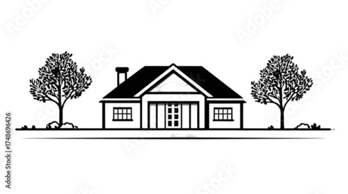 Black and white line art illustration of a suburban home.