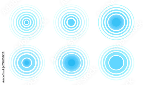 Set of blue concentric circles, spirals in cartoon style. Vector illustration of different: local pain points, sound signals, radio waves, ripples, isolated on white background.