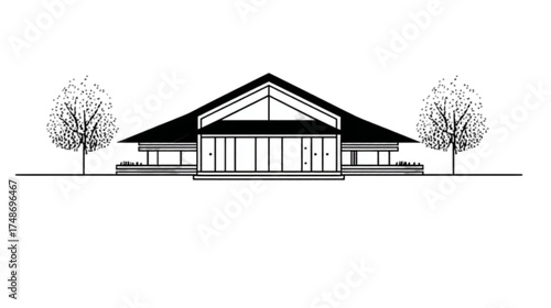 Architectural line drawing of a modern building facade.