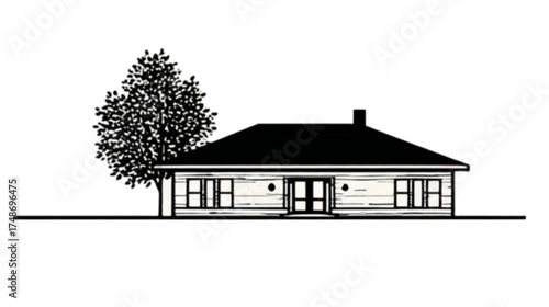 Monochrome line art illustration of a suburban family house with a tree.