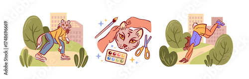 Quadrobics. creative exercises inspired by nature. masked girl with a tail in a vector illustration. Creative art, handmade cat mask using craft materials, fun aesthetic expression.