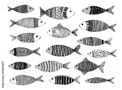 Collection of hand drawn stylized fish with unique patterns.
