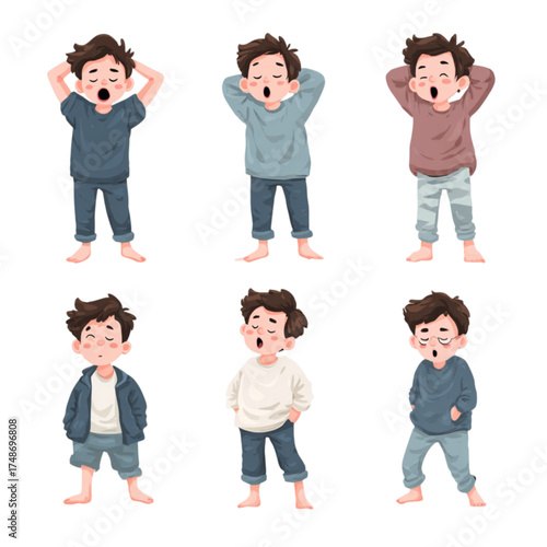 Set of six cartoon illustrations of a sleepy yawning boy.