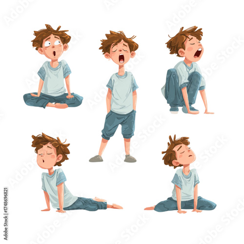 Sleepy cartoon boy character set doing morning stretches and yawning.