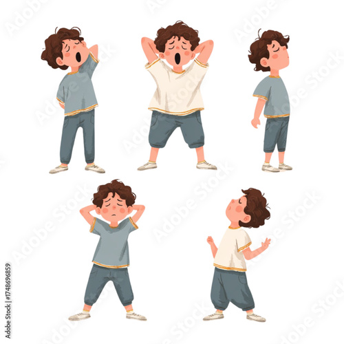 Set of a sleepy cartoon boy character yawning and stretching.