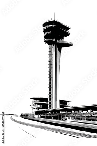 Modern race track control tower in black and white illustration.