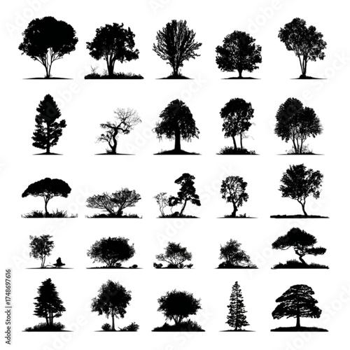 A diverse collection of twenty five black tree silhouettes.