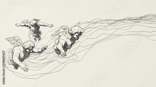 Ethereal angels depicted in a flowing ink line art style.