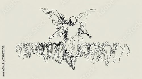 A hand drawn sketch of a winged angel leading a crowd of people.