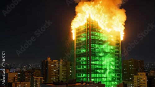 Futuristic Hydroponic Tower on Fire in Green-Orange Night