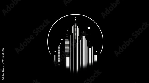 Monochrome graphic illustration of a futuristic city skyline at night.