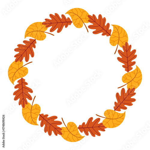 Simple Yellow and brown oak and birch leaves. circle frame. Trendy flat style isolated on transparent background. round frame of autumn leaves. Ideal for poster, postcard. Vector illustration