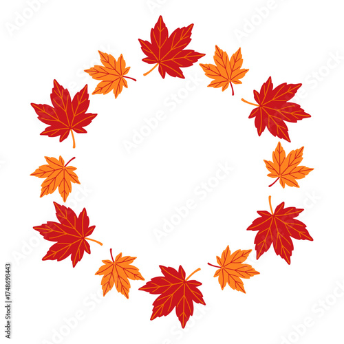 Simple Orange and red maple leaf circle frame. Trendy flat style isolated on transparent background. round frame of autumn leaves. ring of autumn leaves. Ideal for poster, postcard. Vector