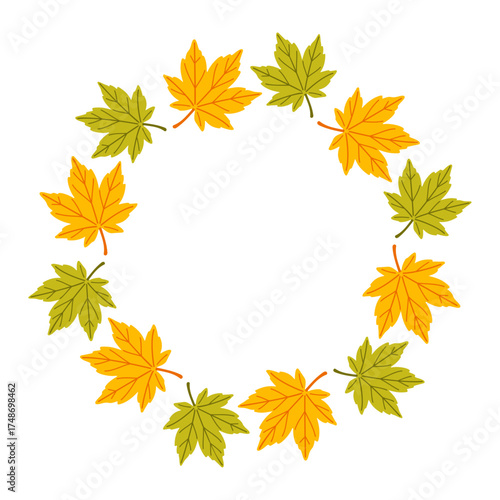Simple yellow and green maple leaf circle frame. Trendy flat style isolated on transparent background. round frame of autumn leaves. ring of autumn leaves. Ideal for poster, postcard. Vector illustrat