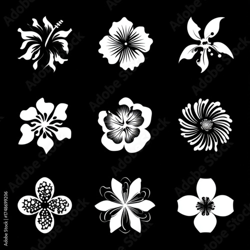 Set of nine stylized white flower icons on a black background.