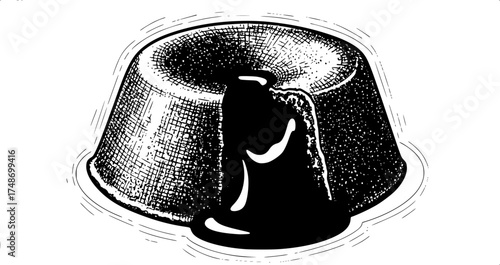 Vintage cookbook style chocolate lava cake sketch with melting center. Warm dessert illustration with detailed crosshatching technique, vector design isolated on white background. See Less