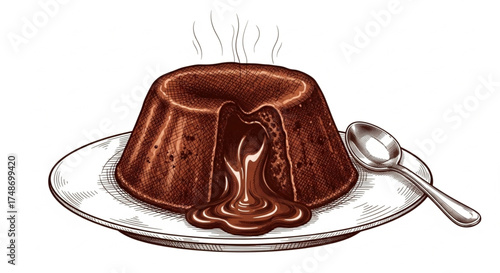 Vintage cookbook style chocolate lava cake sketch with melting center. Warm dessert illustration with detailed crosshatching technique, vector design isolated on white background. See Less