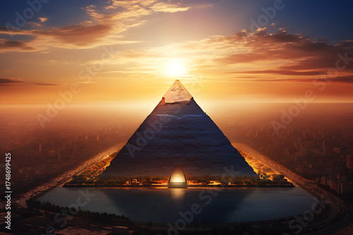 Majestic Pyramid at Sunrise Overlooking a Cityscape with Reflective Water Body in Foreground
