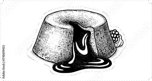 Vintage cookbook style chocolate lava cake sketch with melting center. Warm dessert illustration with detailed crosshatching technique, vector design isolated on white background. See Less