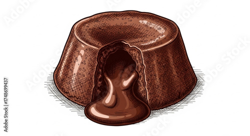 Vintage cookbook style chocolate lava cake sketch with melting center. Warm dessert illustration with detailed crosshatching technique, vector design isolated on white background. See Less
