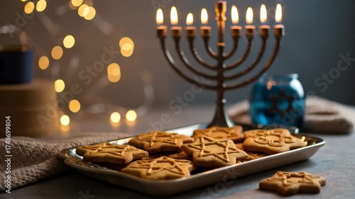 Festive Hanukkah cookies arranged on a tray beside menorah  