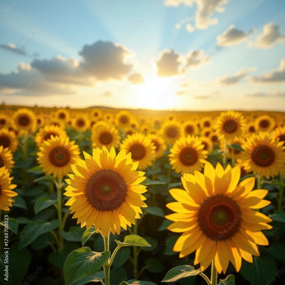 Fototapeta premium Vibrant Sunflower Field Dancing in the Breeze Bright Yellow Petals Against Blue Sky Warm Summer Day Floral Explosion